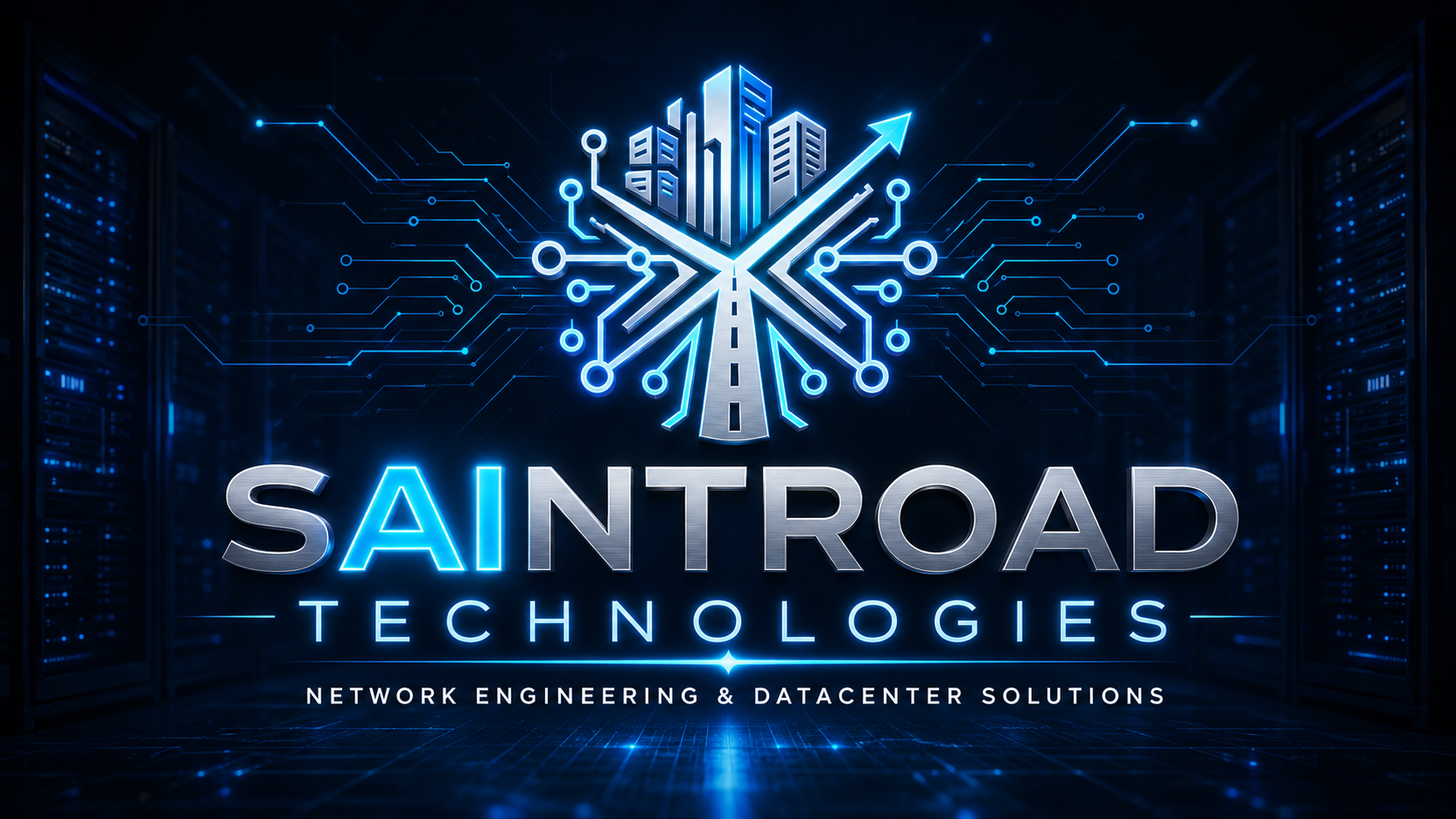 SAINTROAD Technologies logo with AI highlighted and datacenter infrastructure motif